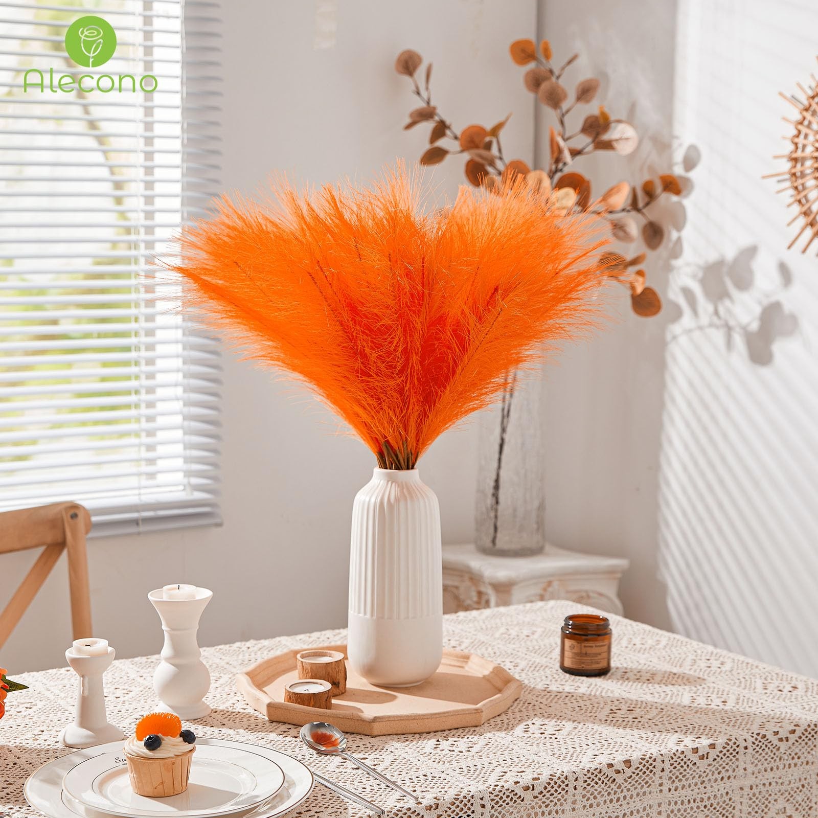 17 Inch Bright Orange Faux Pampas Grass Decor Fall Wedding Centerpiece