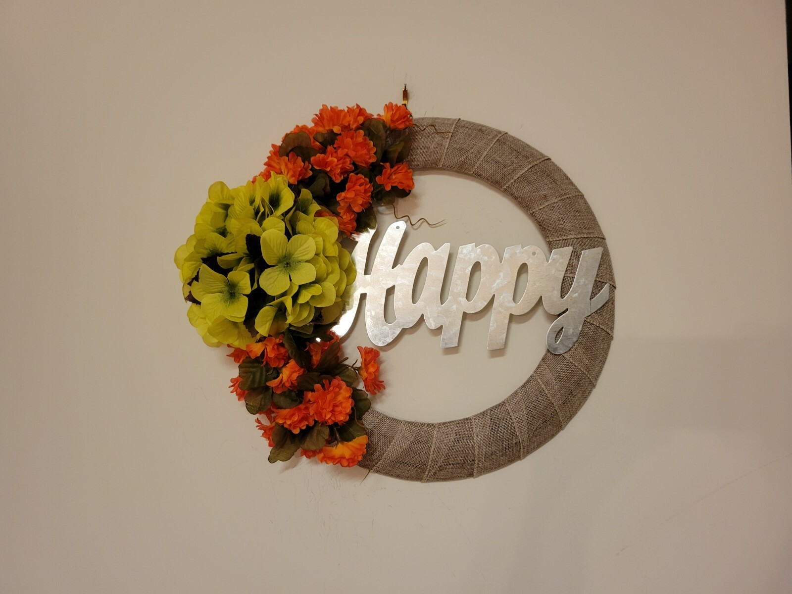 HAPPY Hydrangeas Mum burlap WREATH FALL autumn Decor Front Door 15″ orange green