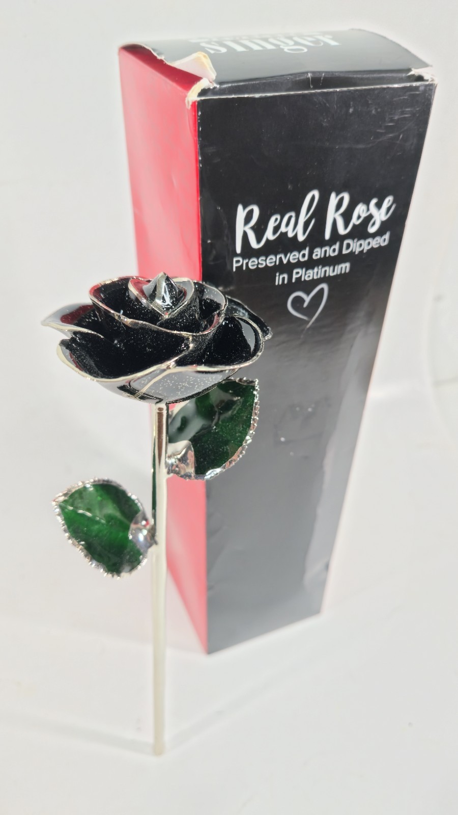 Steven Singer Jeweler Real Rose Preserved Dipped in Platinum Black & Green 12″