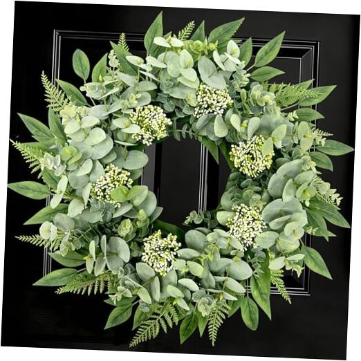 24 Inch Artificial Eucalyptus Fern Wreath, Lush All Year Round Greenery for