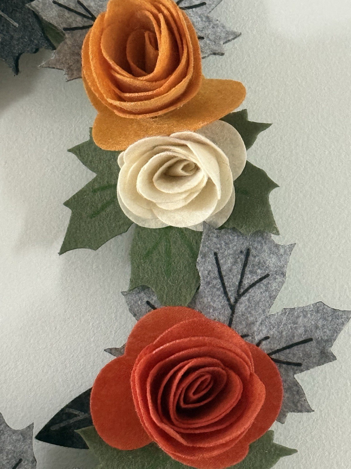Handmade Felt Roses & Leaves Wreath Approx 18” Round Orange Yellow Peach Greens