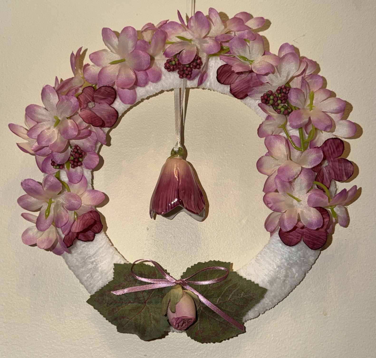 Pink Cherry Blossom Silk Floral Wreath W/Bell-Shaped Dangle Ceramic Flower Cheni