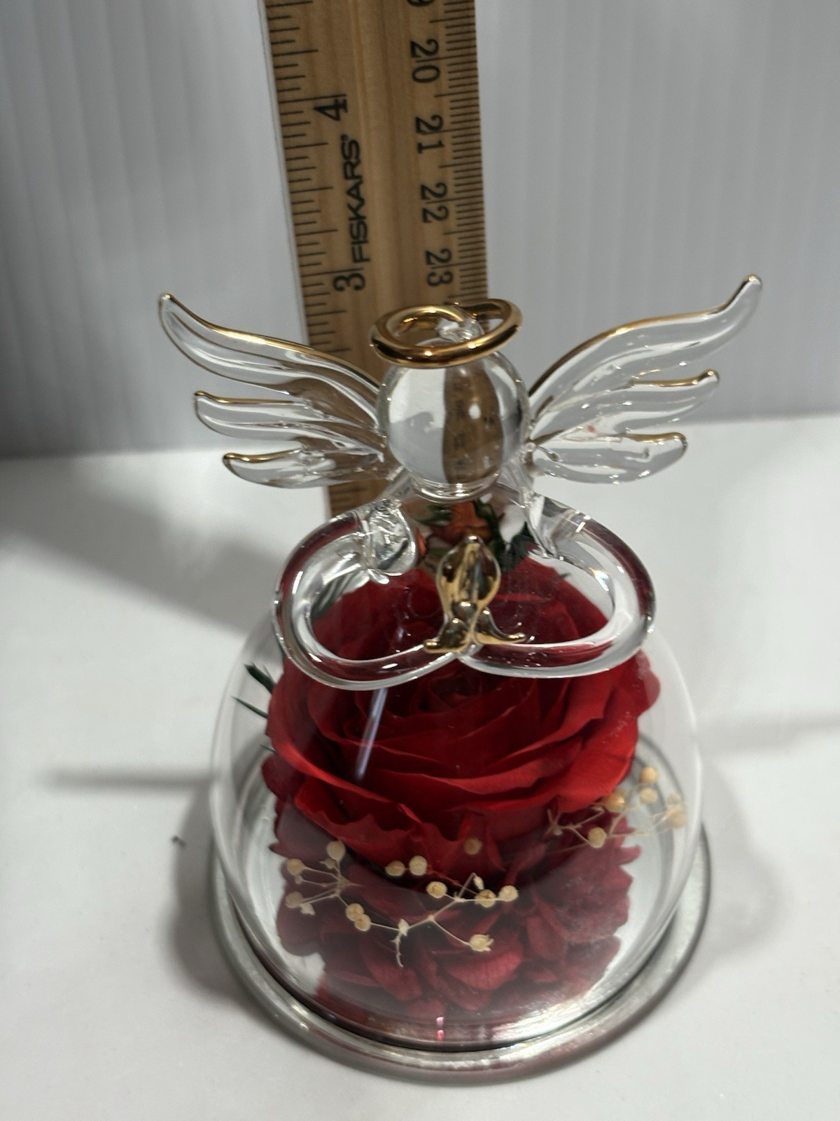 Glass Angel Flower Gifts Preserved Flower Red Rose in Figurines 3” Approx