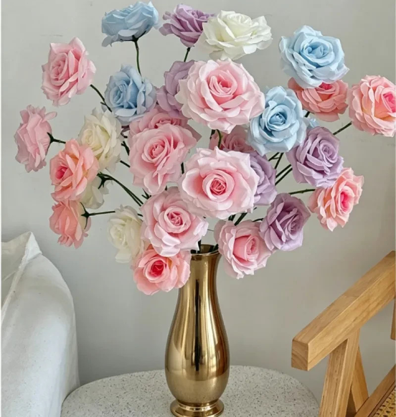 6Pcs Silk Artificial Roses Faux Flowers Pink Blue Purple for Wedding Home Decor