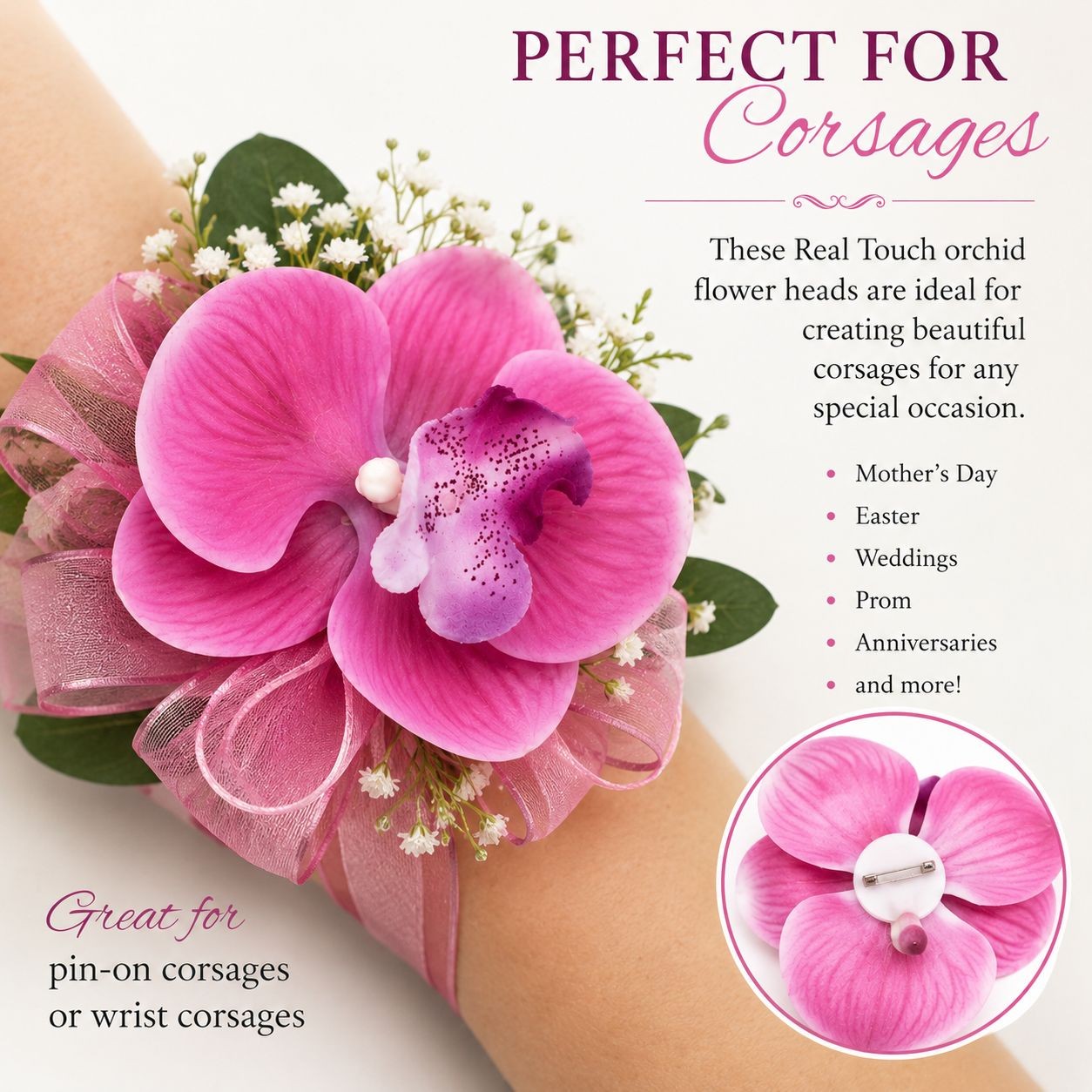 Pink Real Touch Orchid Flower Heads, Set of 2 Faux Orchids, 3.5 Inch No Stem Flo