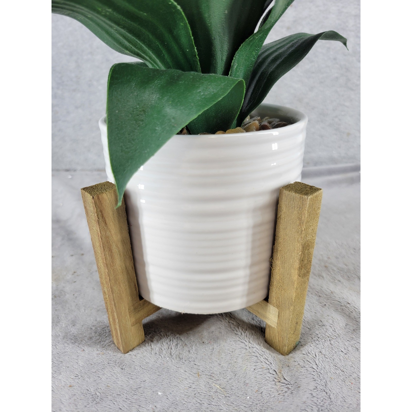 Artificial Snake Plant in White Ceramic Pot with Wood Stand Faux Green Leaves