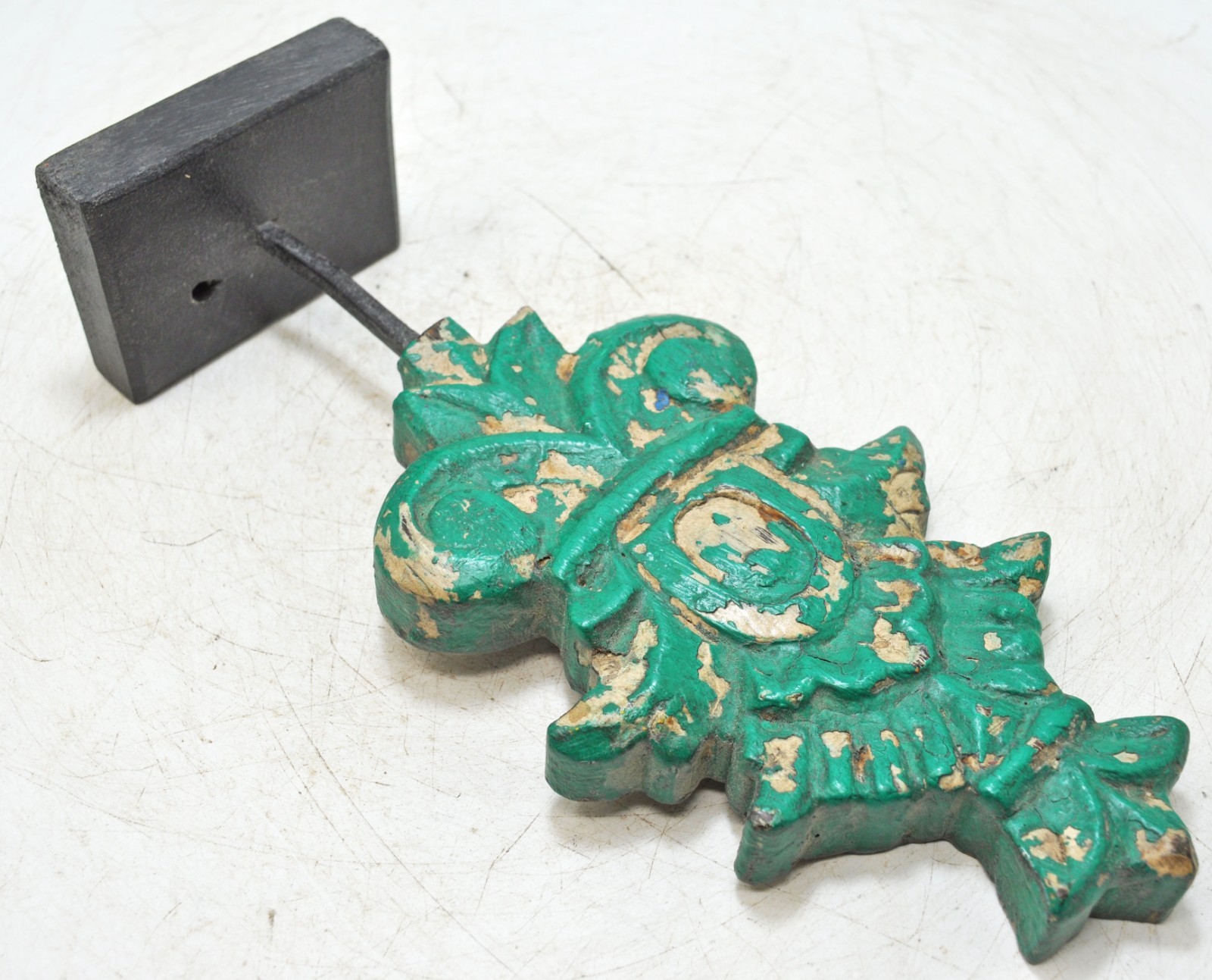 Hand Carved Wooden Flower Carving Panel Plaque on Stand Rustic Green Painted