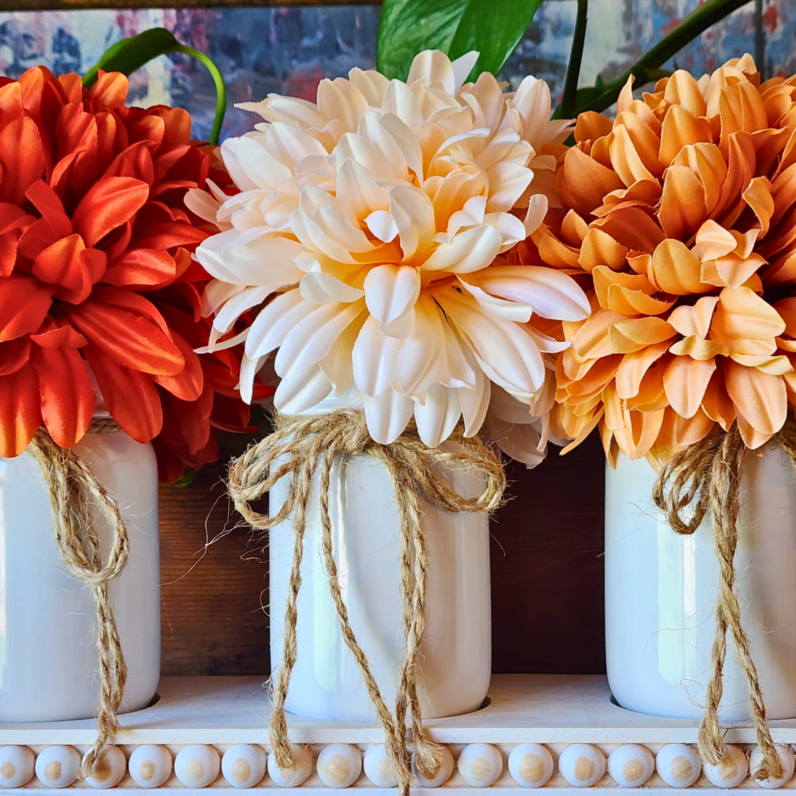 Fall Dahlia Floral Centerpiece – Vase Trio on Wood Tray – Farmhouse Table Decor