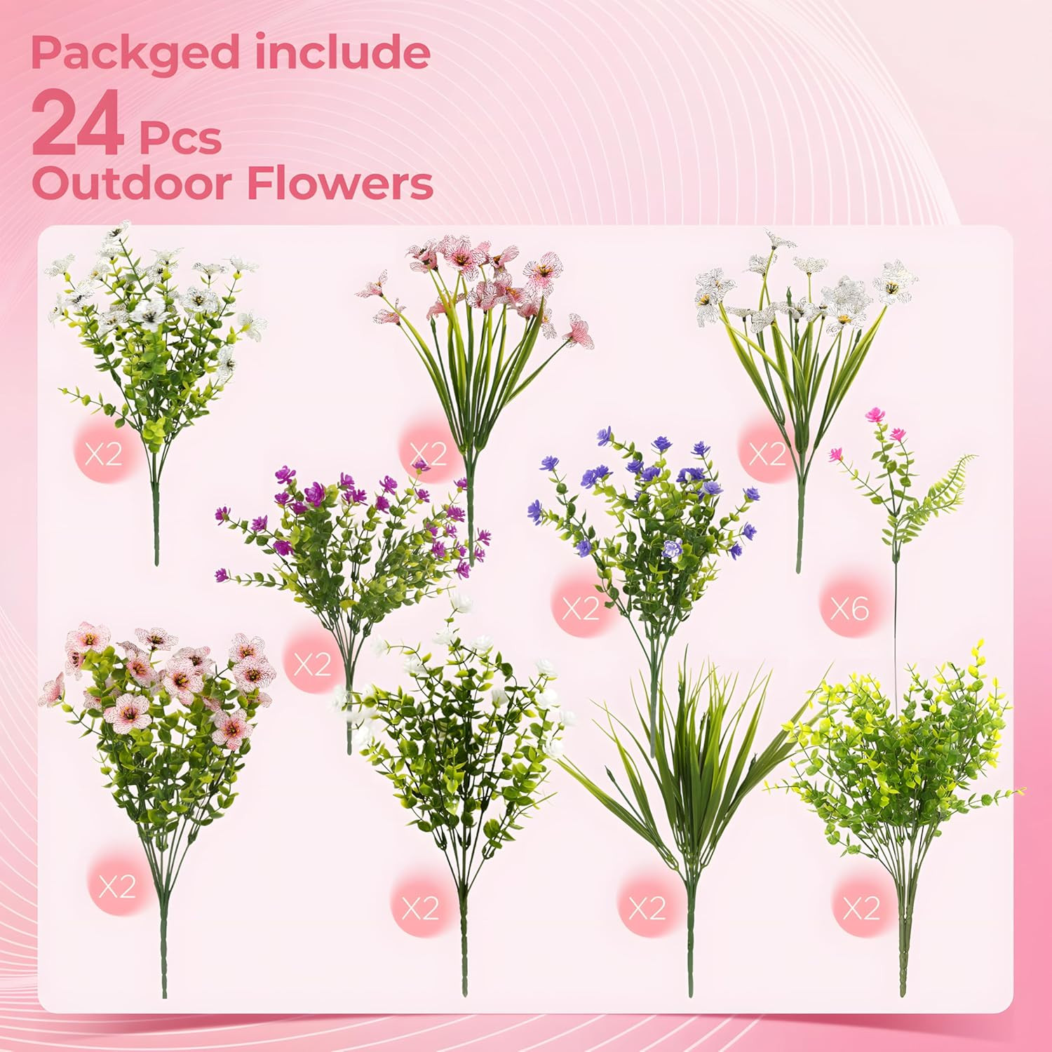 Fake Flowers for Outdoor UV Resistant 24 Pcs Pink Spring Artificial Flowers Outd