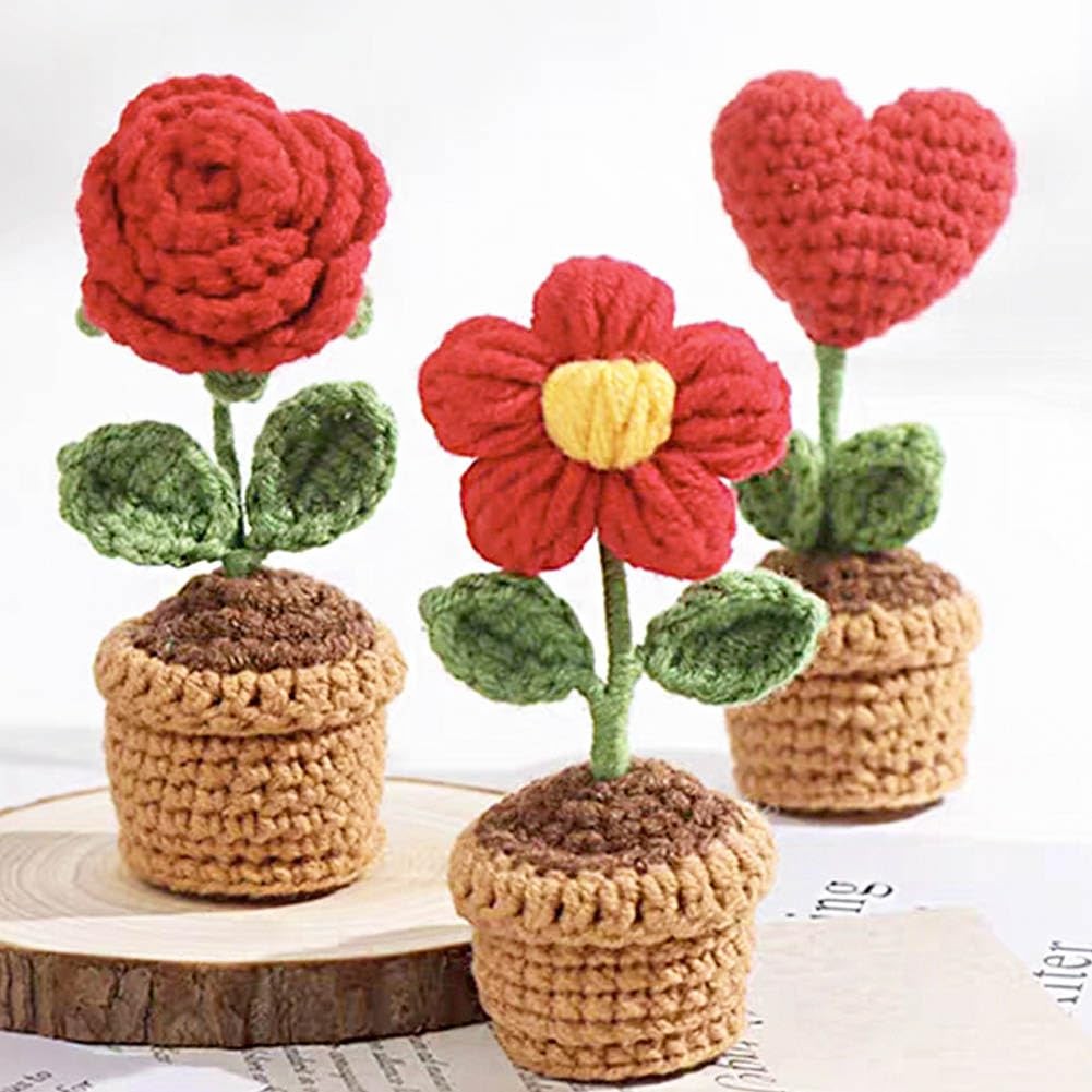 3 PCS Mini Crochet Red Rose Potted Plant Hand Knitted Rustic Table Decor Home
