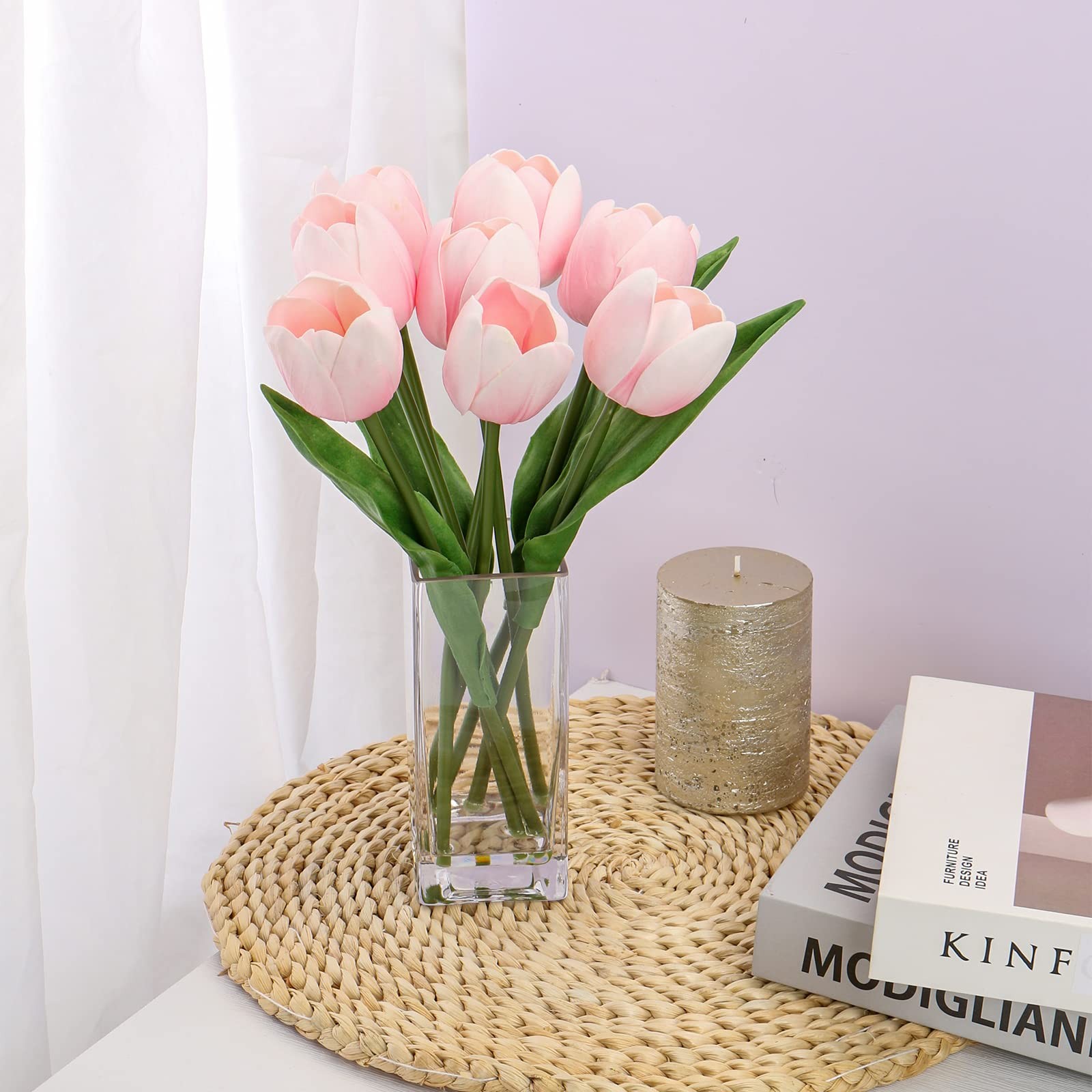 Pink Artificial Tulip Flower Fake Flowers Clear Vase Real Touch Arrangement
