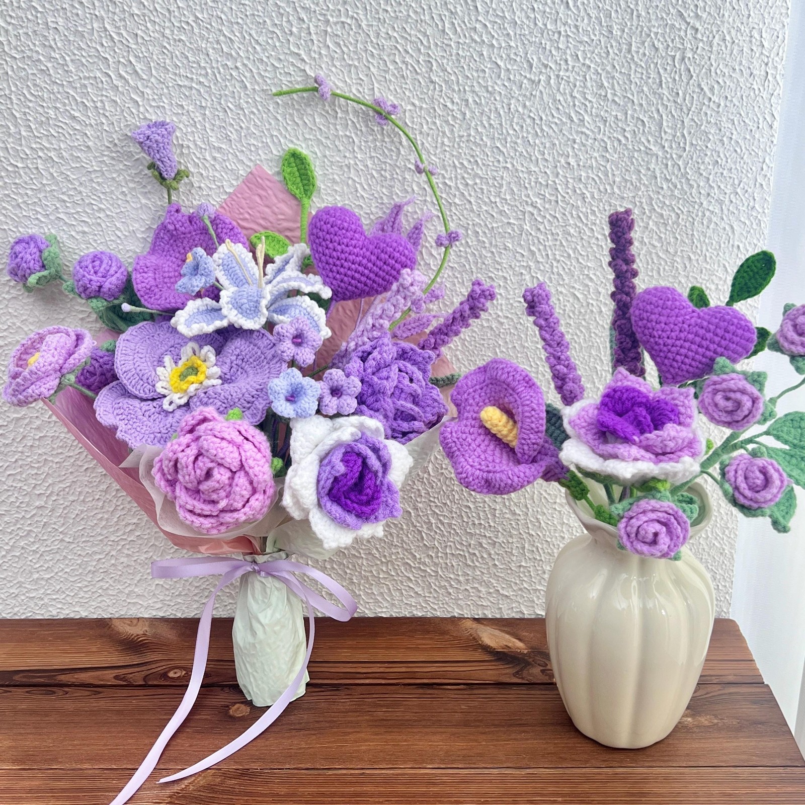 Purple Crochet Flower Bouquet Handmade Yarn Birthday Home Decor Desk Decor Gift