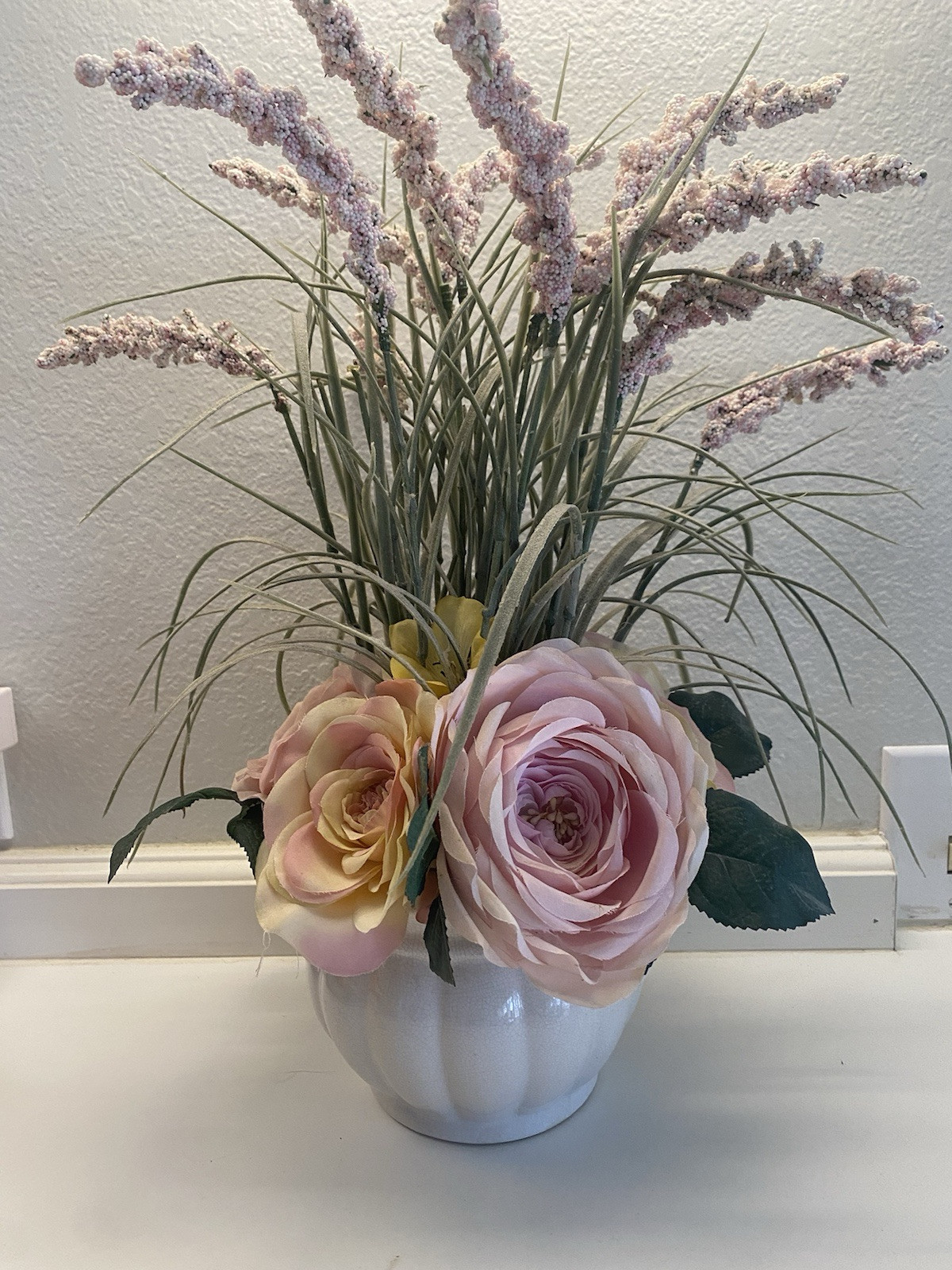 Floral Pink Green Bouquet White Ceramic Pot Vase Arrangement Centerpiece