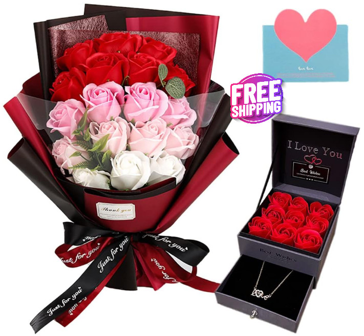 flores de rosas rojas preservadas con collar de amor para ella