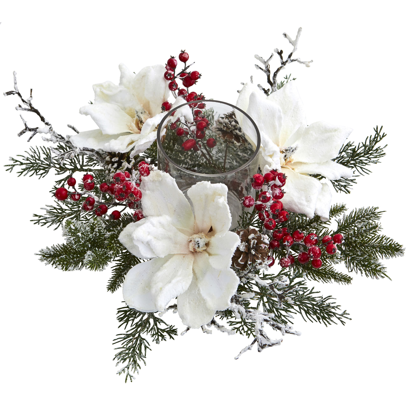Frosted Magnolia & Red Berry Artificial Arrangement Candelabrum Festive Holiday