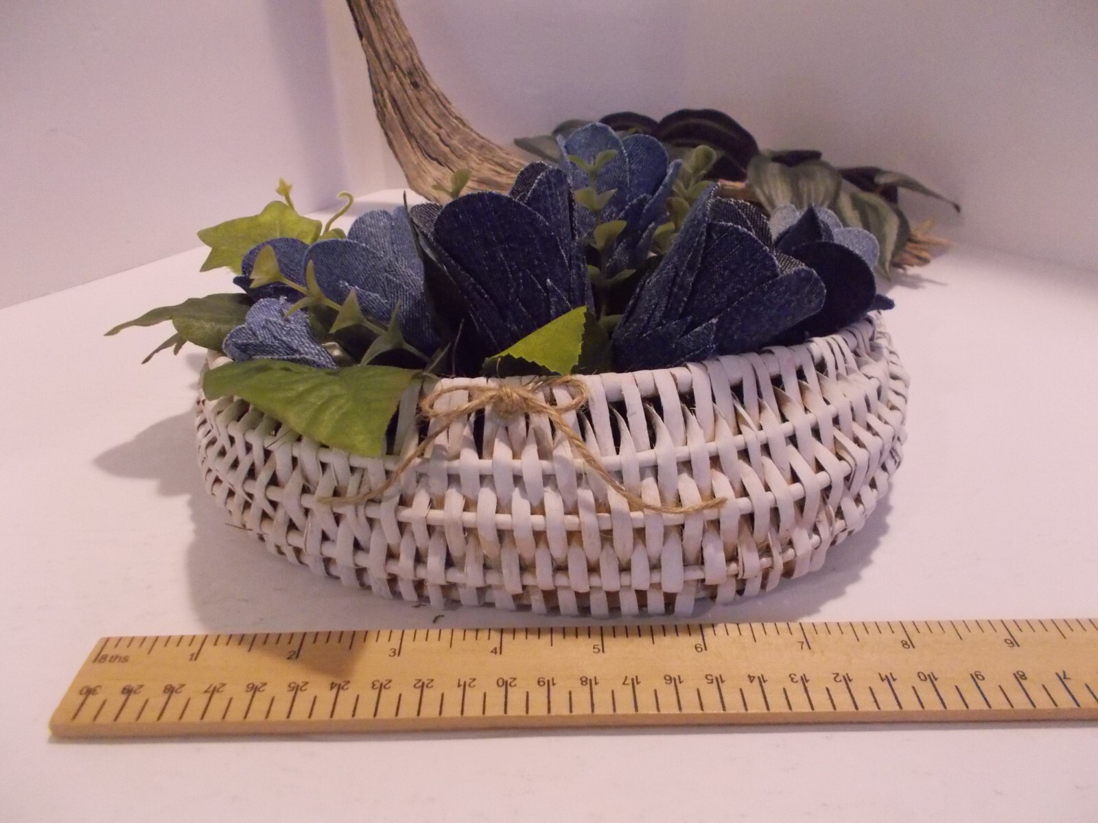 Handcrafted Wall Pocket Basket with 12 Denim Roses – Western Denim Rustic Decor