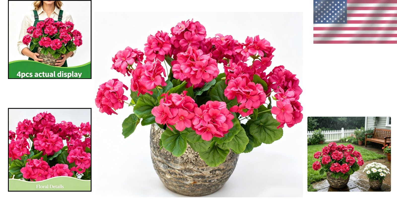 Artificial Geraniums Silk Flowers for Outdoors UV Resistant 4 Pack Hotpink