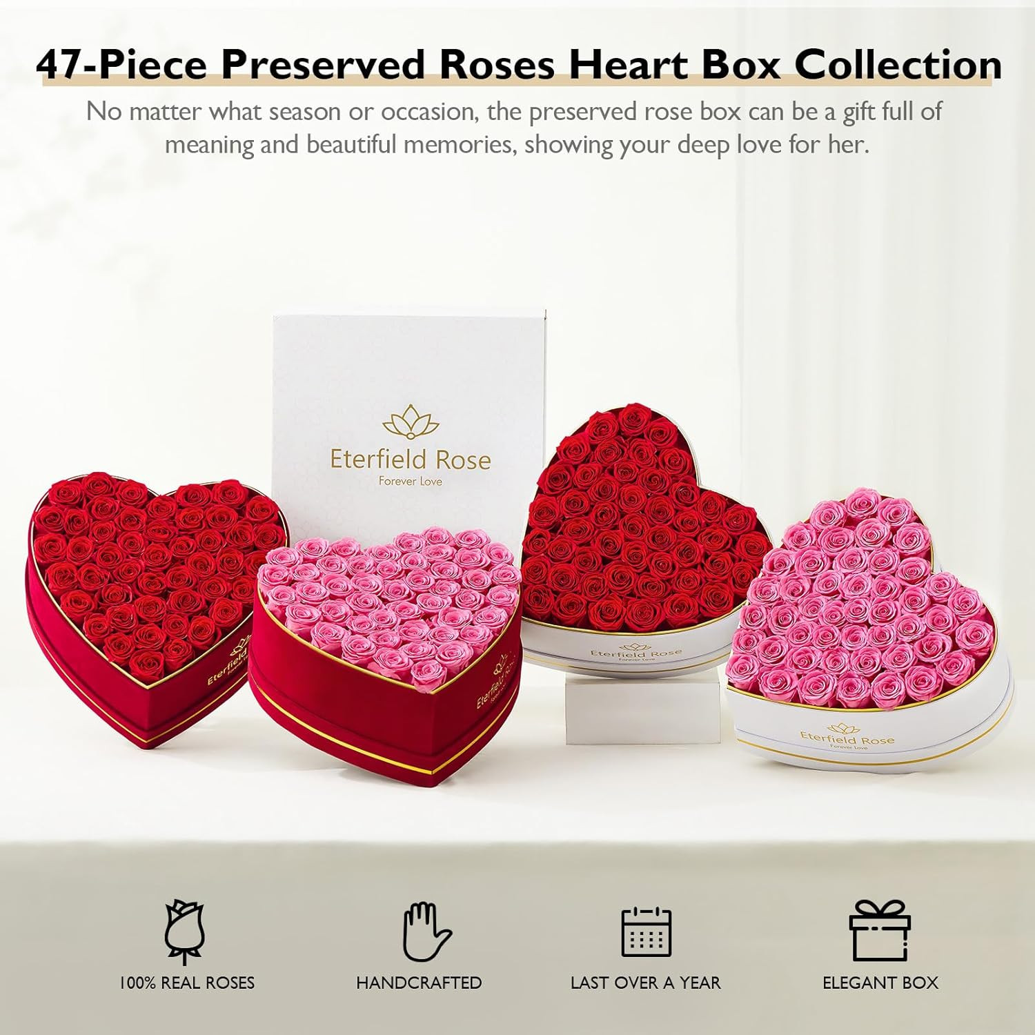 Eterfield 47-Piece Forever Flowers in Heart Shape Box, Preserved Roses Red