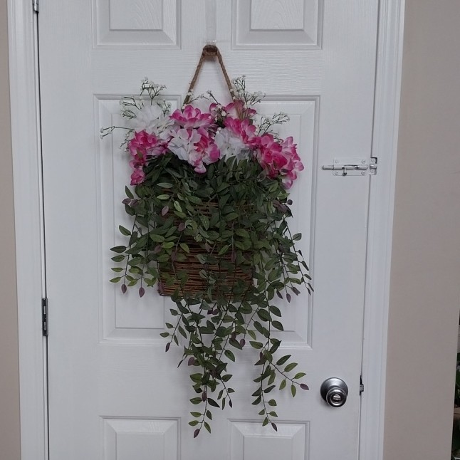 Artificial Hanging Basket Wall Decor Pink & White Flowers Green Vine Plastic