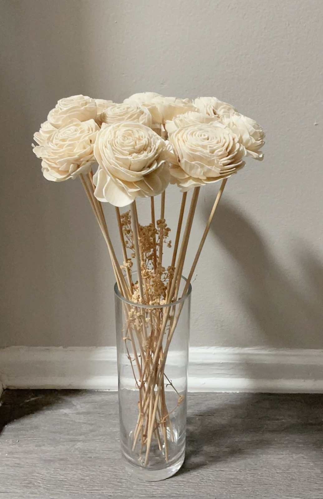 Aesthetic Beige Wood Rose Flower Bouquet in Glass Vase Decor