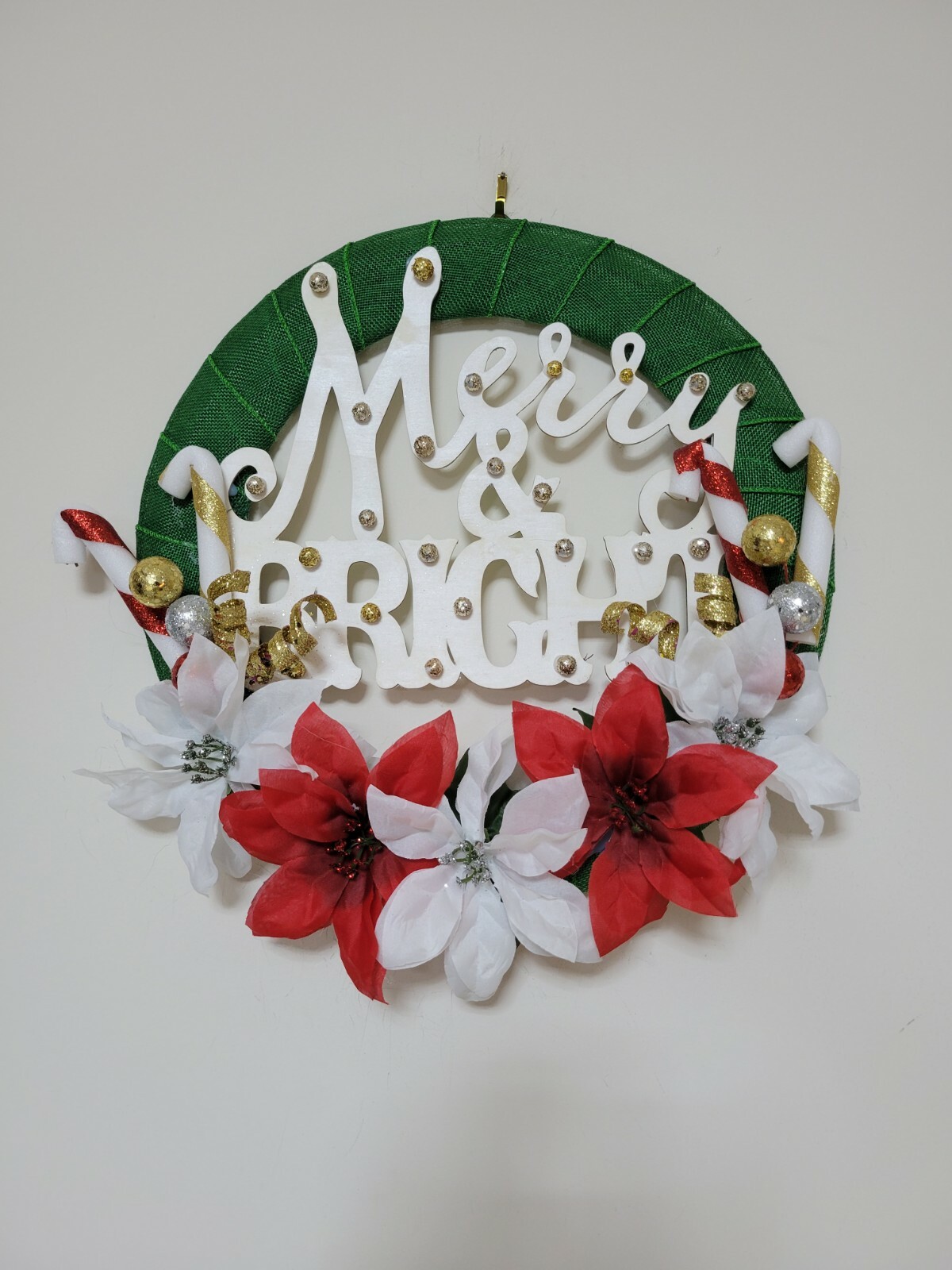 MERRY and BRIGH red poinsettias Mesh Front Door Wreath Wall Decoration CHRISTMAS
