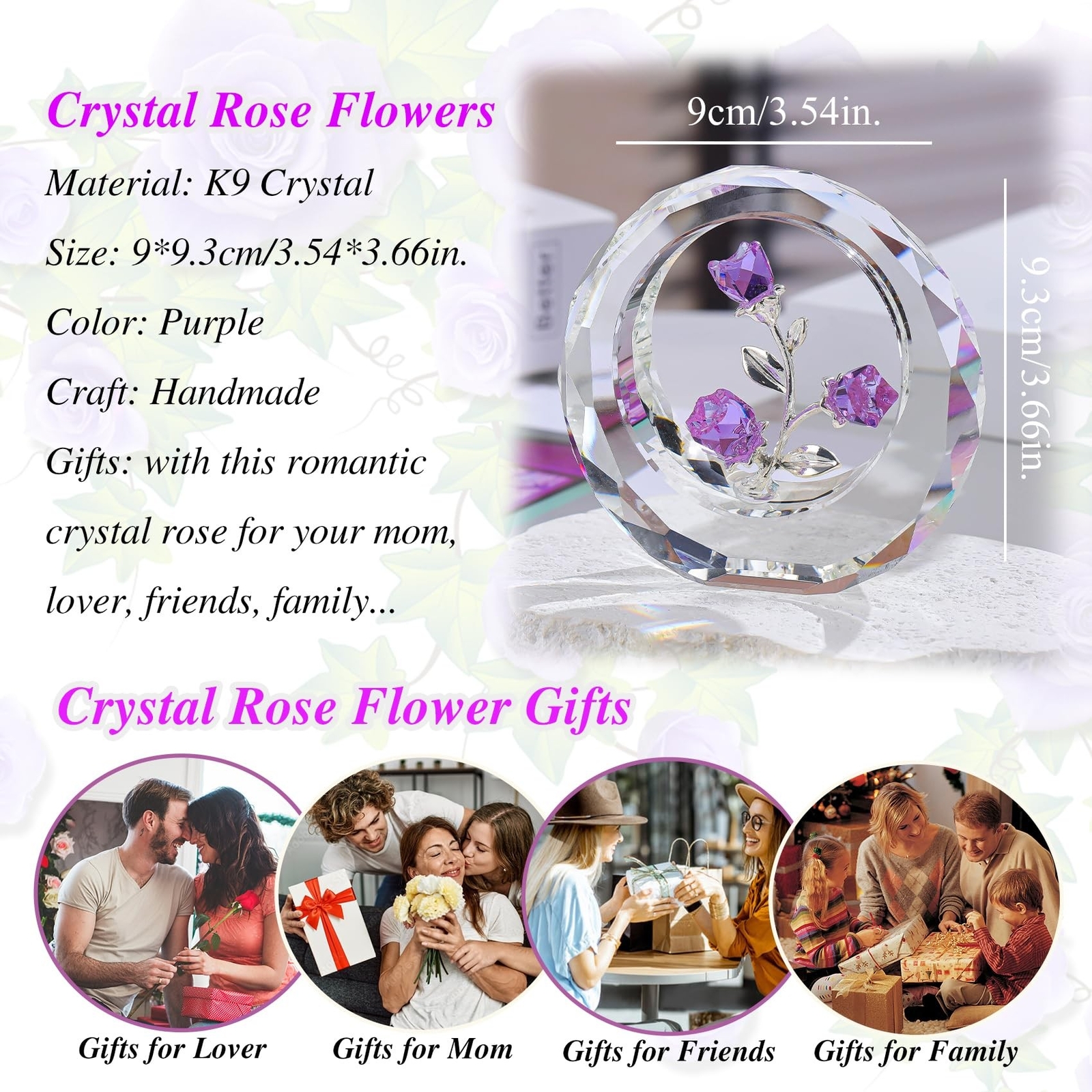 Crystal Purple Rose Bouquet Figurines Glass Flowers with Stems Valentines Ann…
