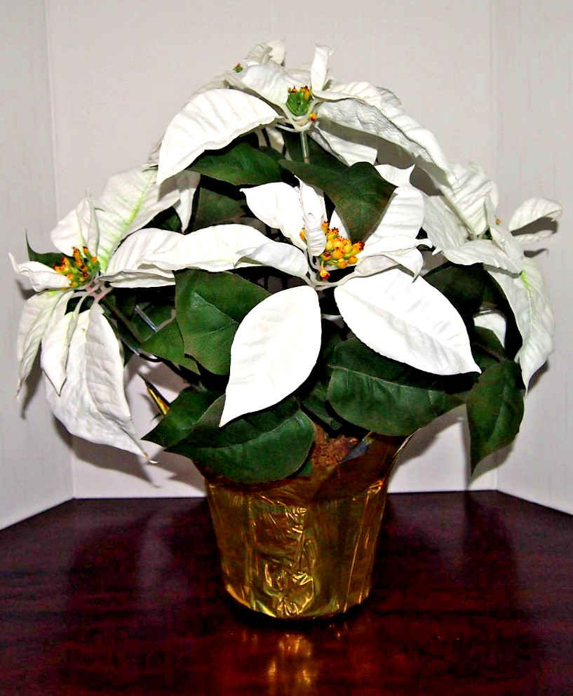 Winter/Christmas Silk Table Top White Poinsettia Plant-Approximately 18″ X 16″