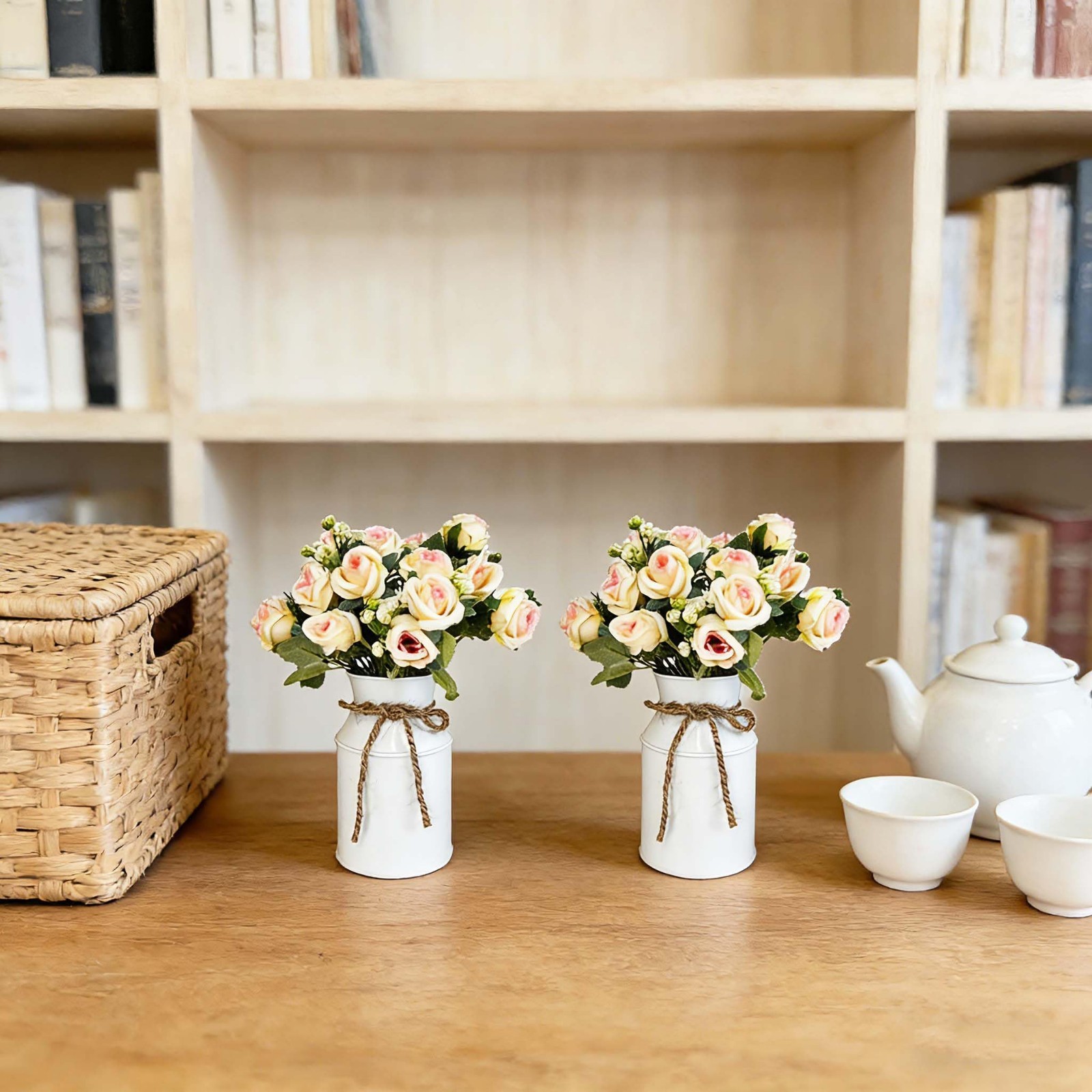 Farmhouse Faux Rose Flower Arrangements – Set of 6 for Table Centerpieces, Home