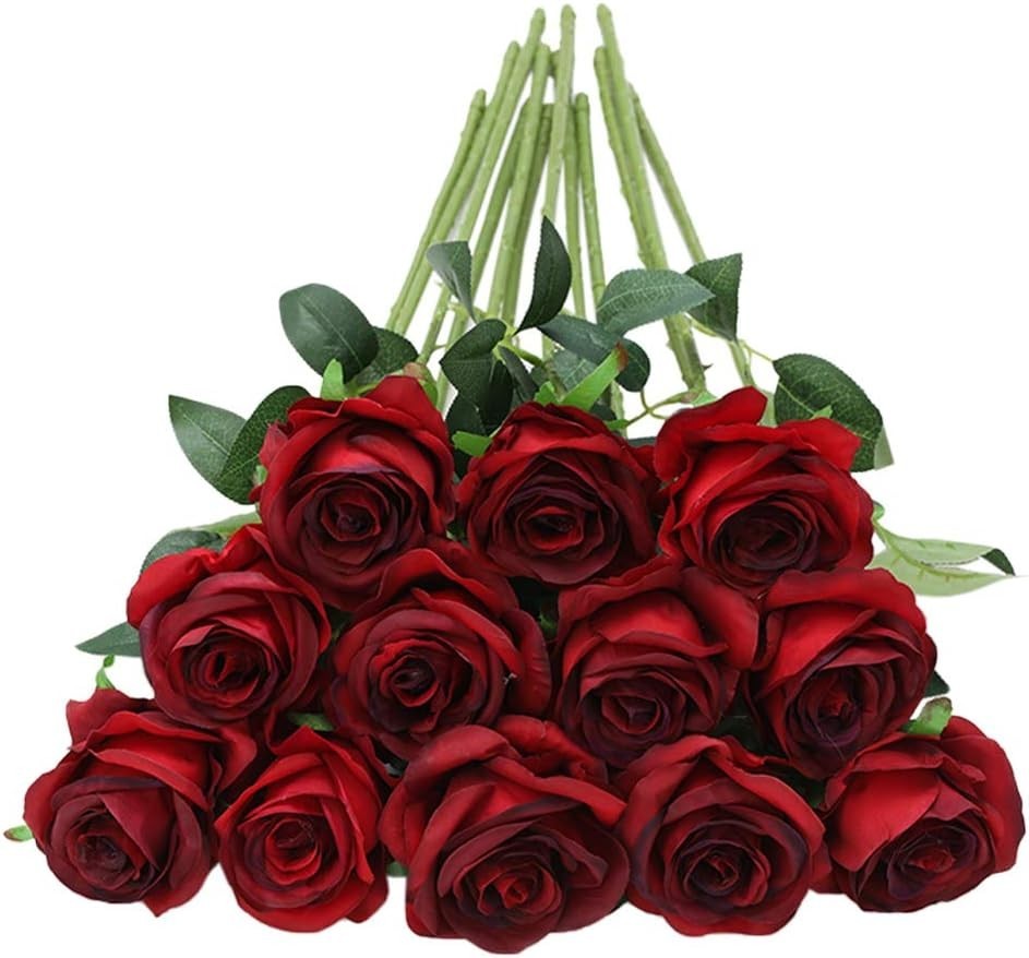12pcs Burgundy Red Artificial Roses – Realistic Silk Bouquet for Elegant Decor
