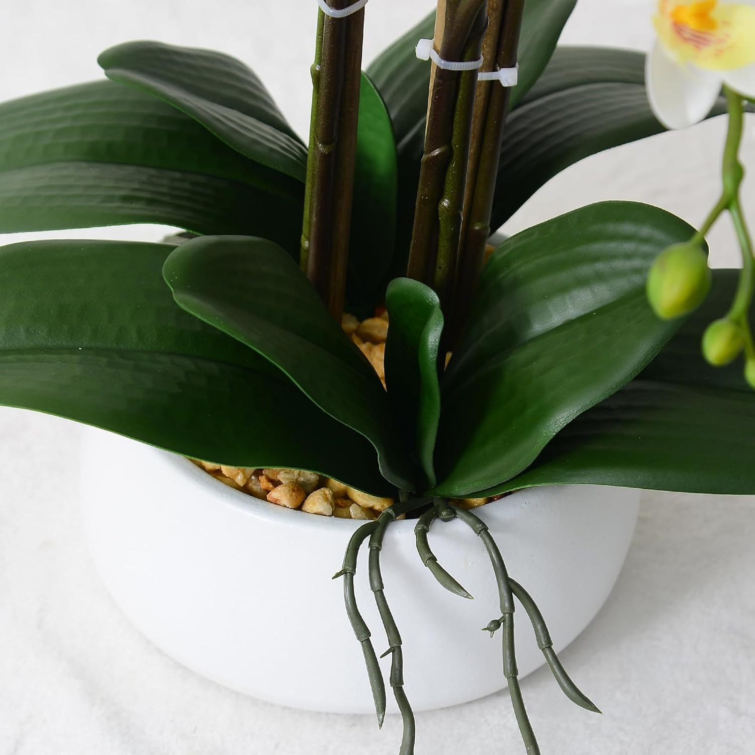 Realistic White Orchid Arrangement in Ceramic Pot for Home Decor
