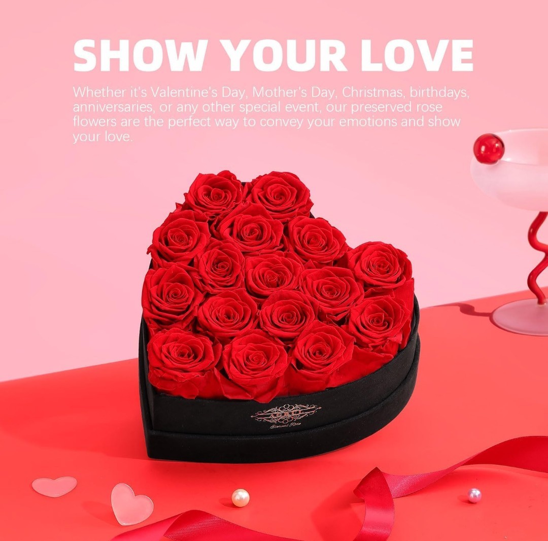 Eternal Rose Preserved Rose Heart-Shaped Flower Box 16 Red Roses Black 7in