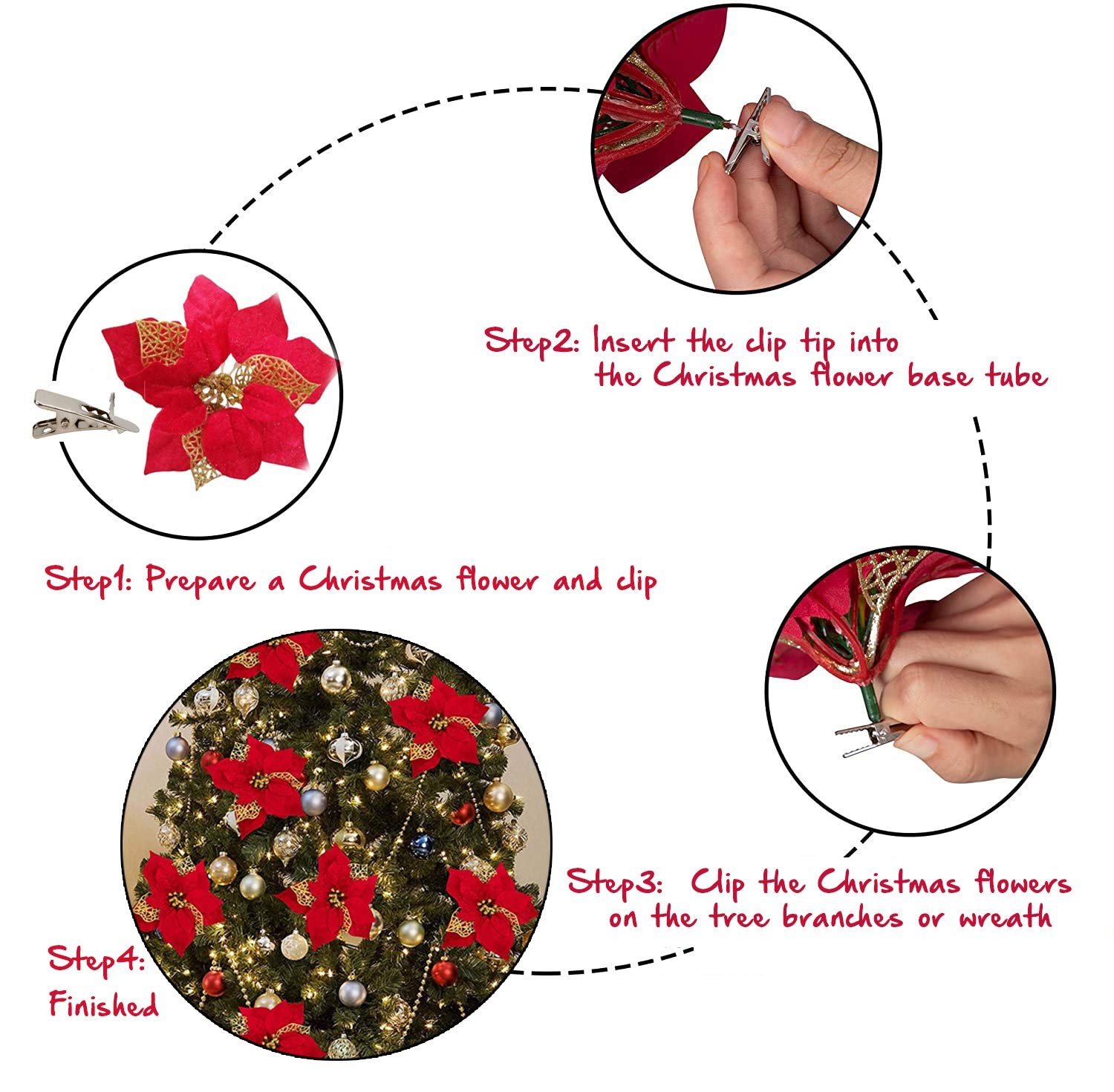 GL-Turelfies 12 Pcs Glitter Christmas Flowers(16cm/6.3’’) with 12 Pcs Clips A…