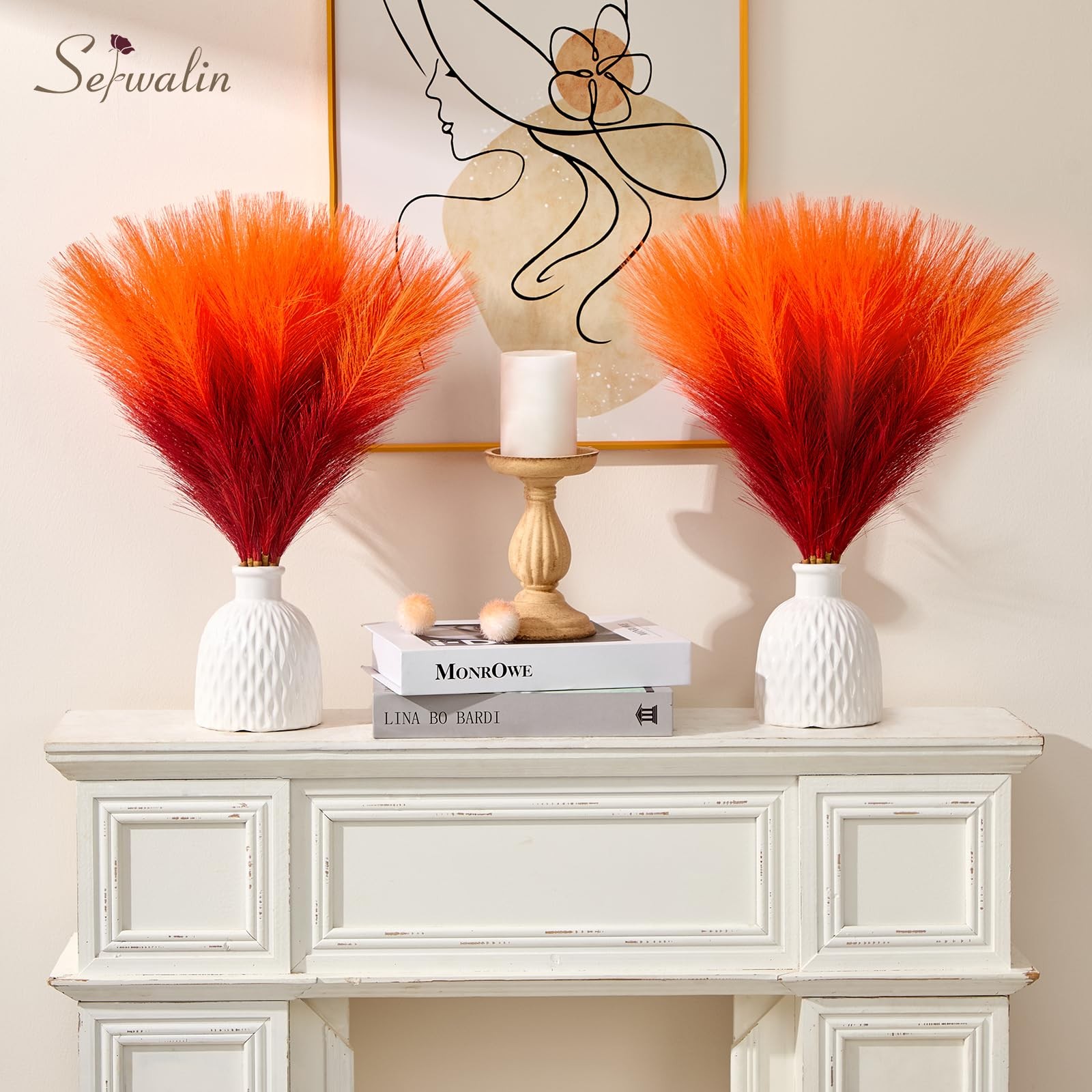 Gradient Burgundy Orange Pampas Grass Decor 17.7 Inch Faux Artificial 6 PCS