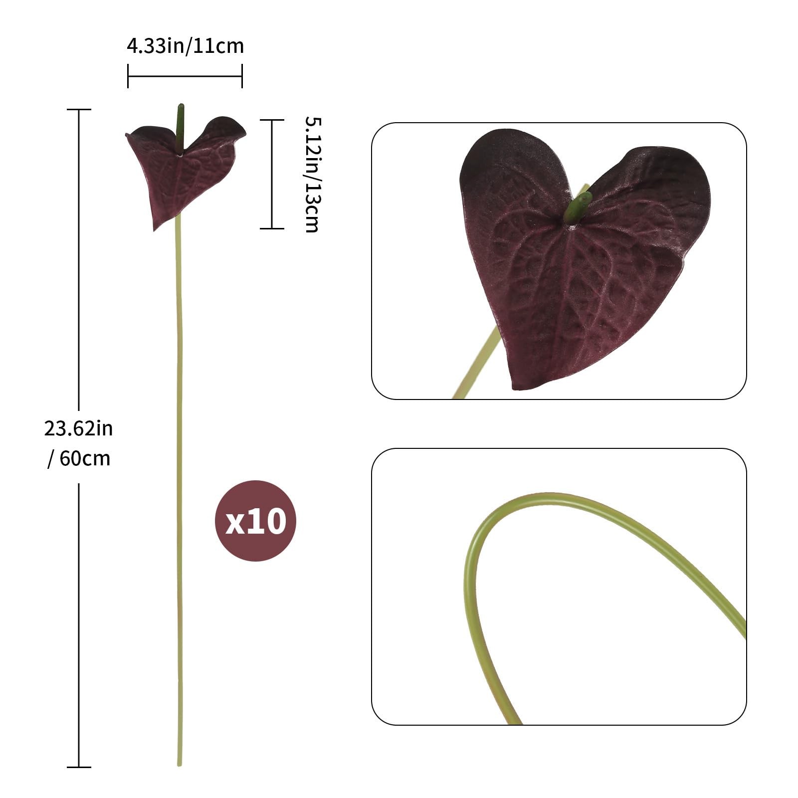 10pcs Burgundy Anthurium Artificial Flowers, 23.6″ Burgundy Flowers Artificia…