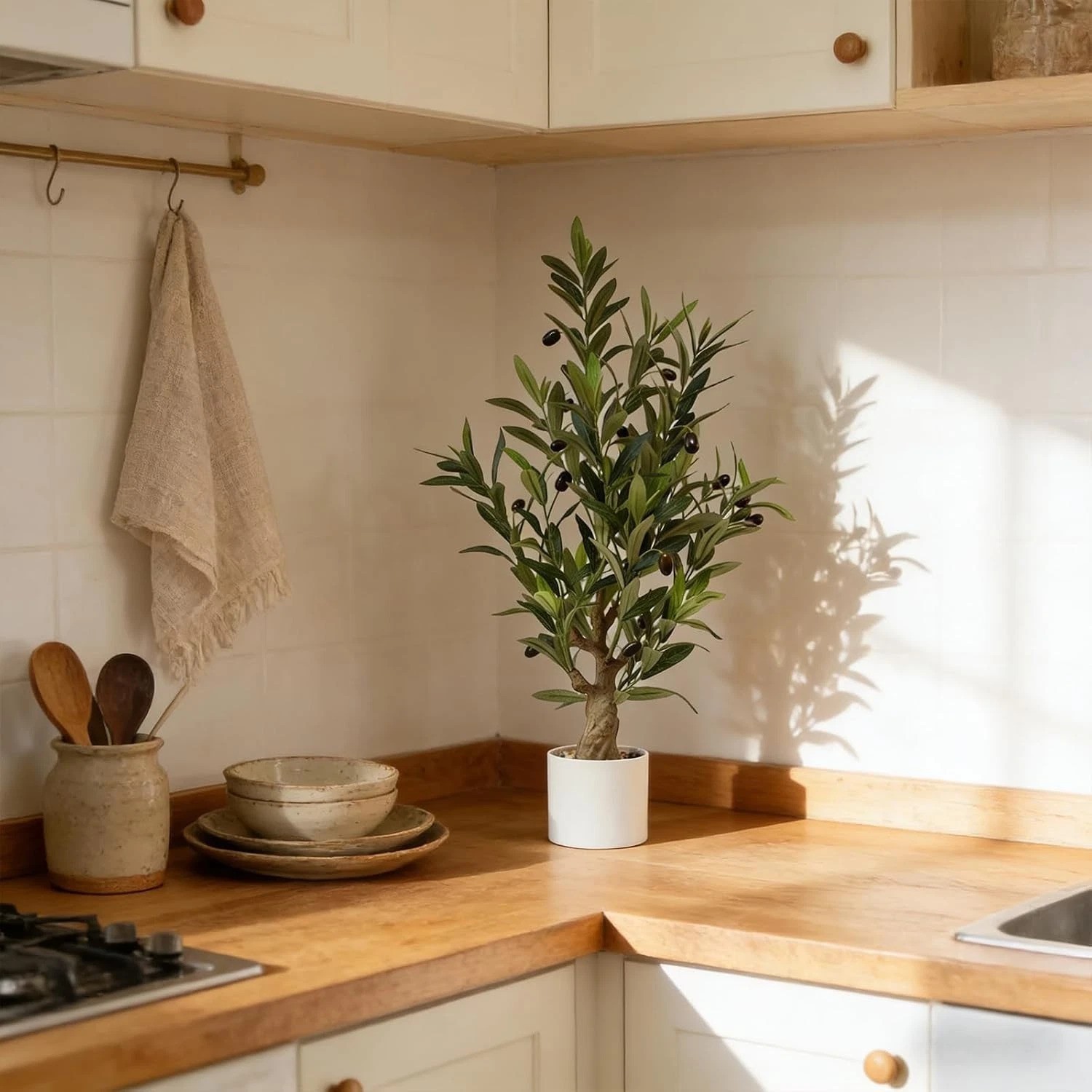 Fake Olive Tree with Pot Indoor, 30″ Artificial Olive Tree Stems Potted Green…