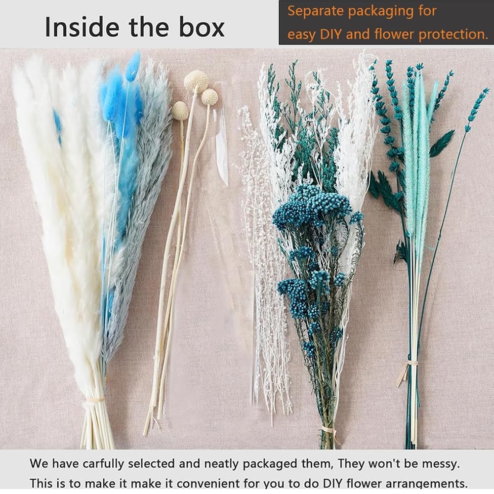 Natural Dried Pampas Grass Bouquet, 17″ Dusty Blue & Multi-Shade Blue White P…