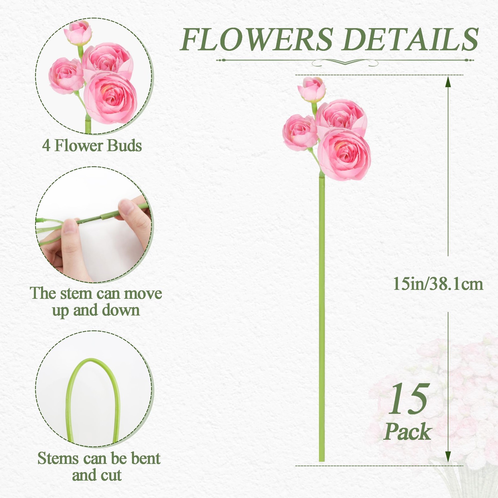 Ranunculus Artificial Flower Pink Faux Silk Mini Peony Flowers Fake Peonies W…