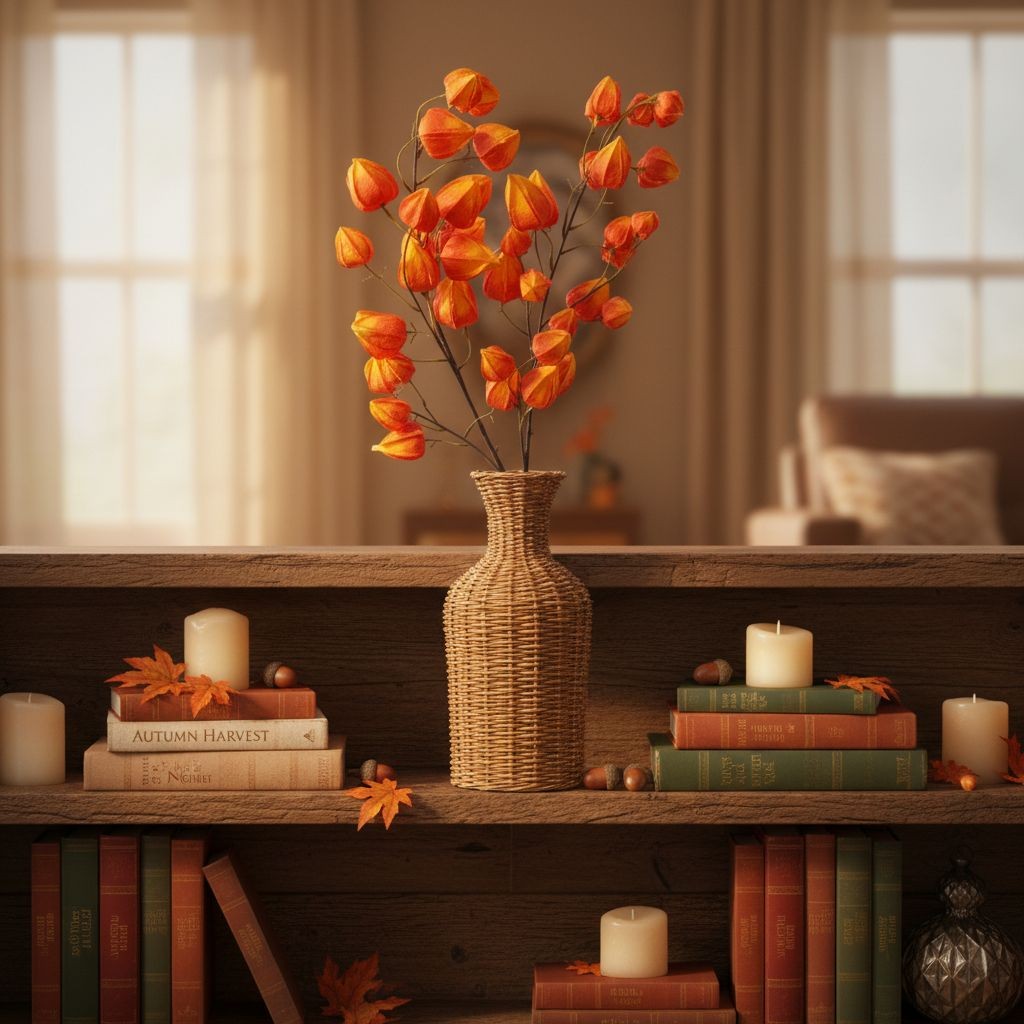 Artificial Orange Chinese Lantern Flower Stems Set of 2 Tall Faux Autumn Branche