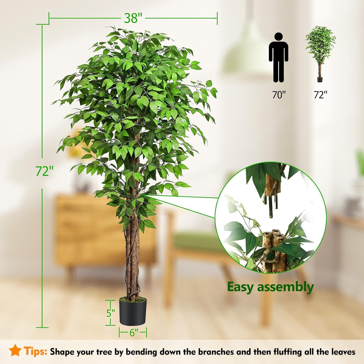 6.2Ft Ficus Artificial Trees with 3 Natural Curved Trunks, 74″ Tall Lush Faux Tr