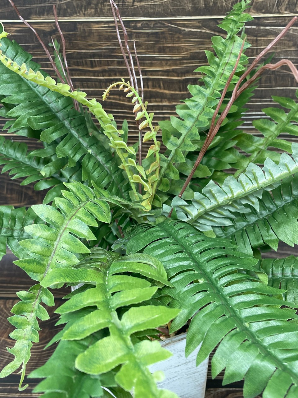 15″ Potted faux Boston Fern Silk plant in White wood box, handmade original by