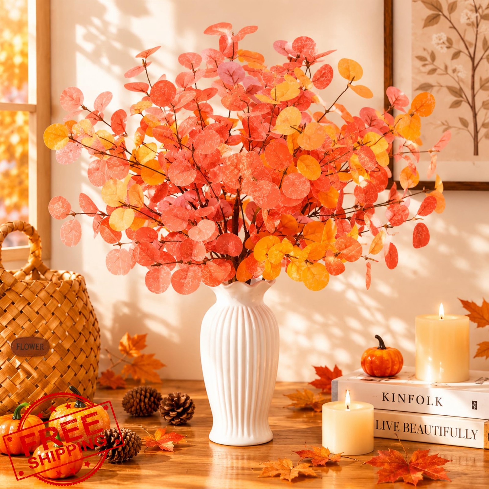 NUKAYAI 6 Pcs Fall Ecualyptus Leave Red Artifical Plants Decor 24″ Autumn Fak…