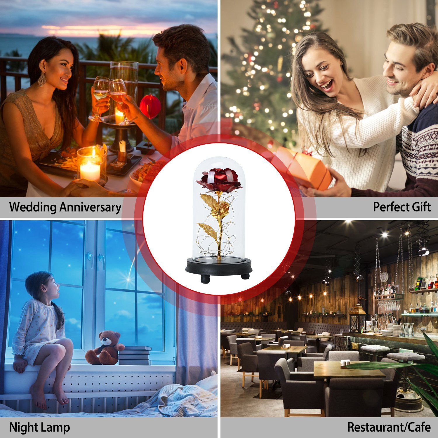 Gold Foil Rose Flower 20 LED Glass Lamp String Night Light Wedding Party Decor