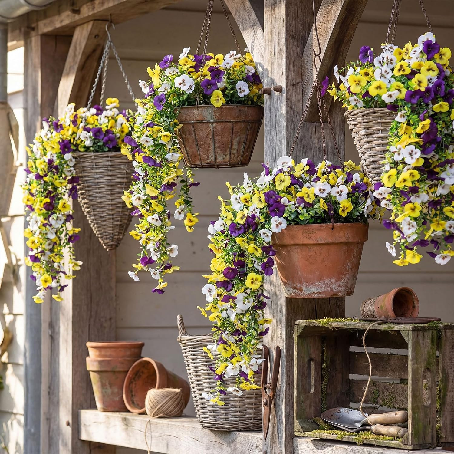 8 Pcs UV Resistant Hanging Pansy Flowers for Outdoor Spring Decor
