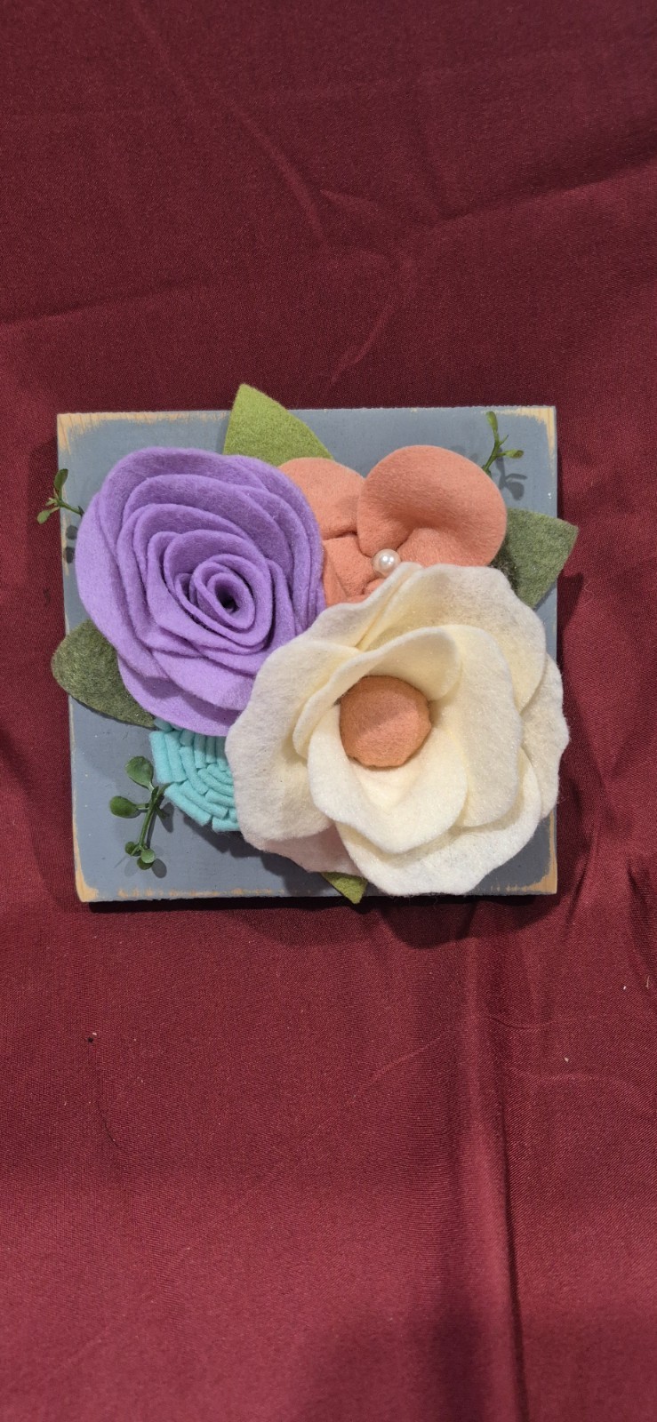 NEW Artisan Made Fiber Art 5.5×5.5 Felt Flower Leaf Violet Boho Cottage Core