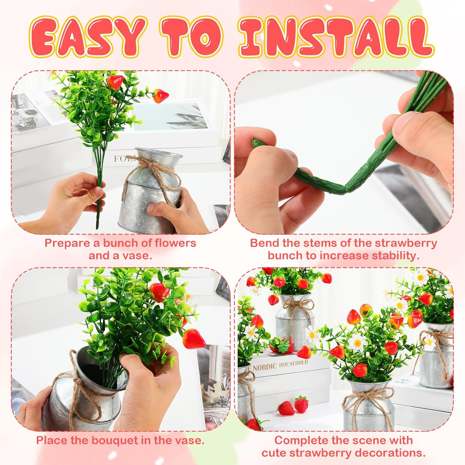 Summer Strawberry Centerpieces – 12 Sets with Vases for Home & Party Decor
