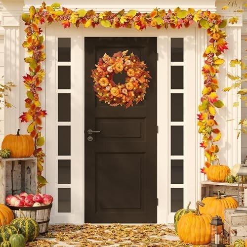 Autumn Wreath 21″ – Artificial Fall Decor with Pumpkins, Maple Leaves & Lanterns