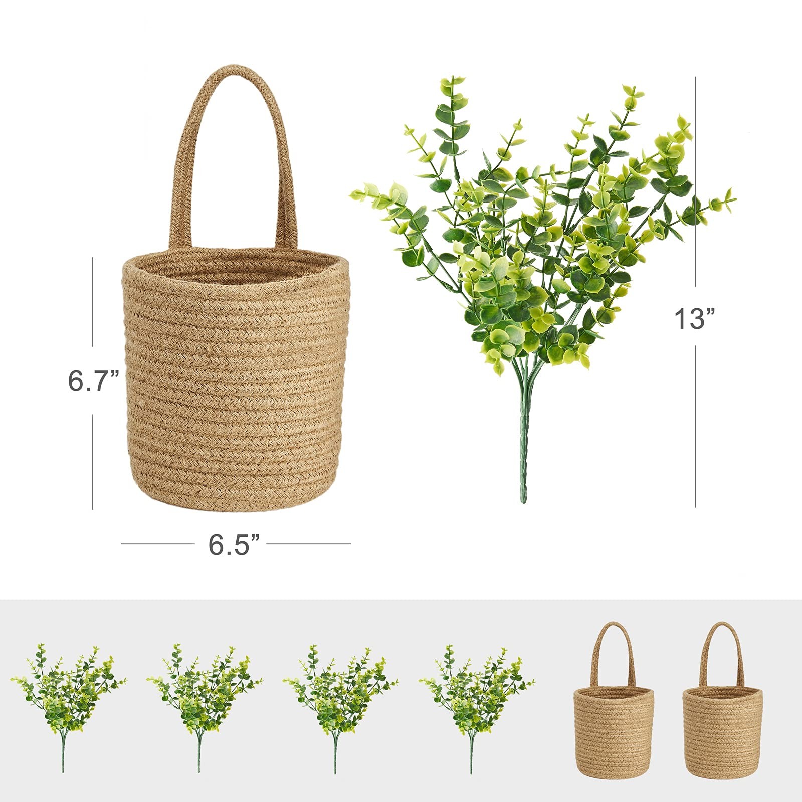 2 Pack Wall Hanging Rope Basket With Artificial Eucalyptus Farmhouse Decor Jute