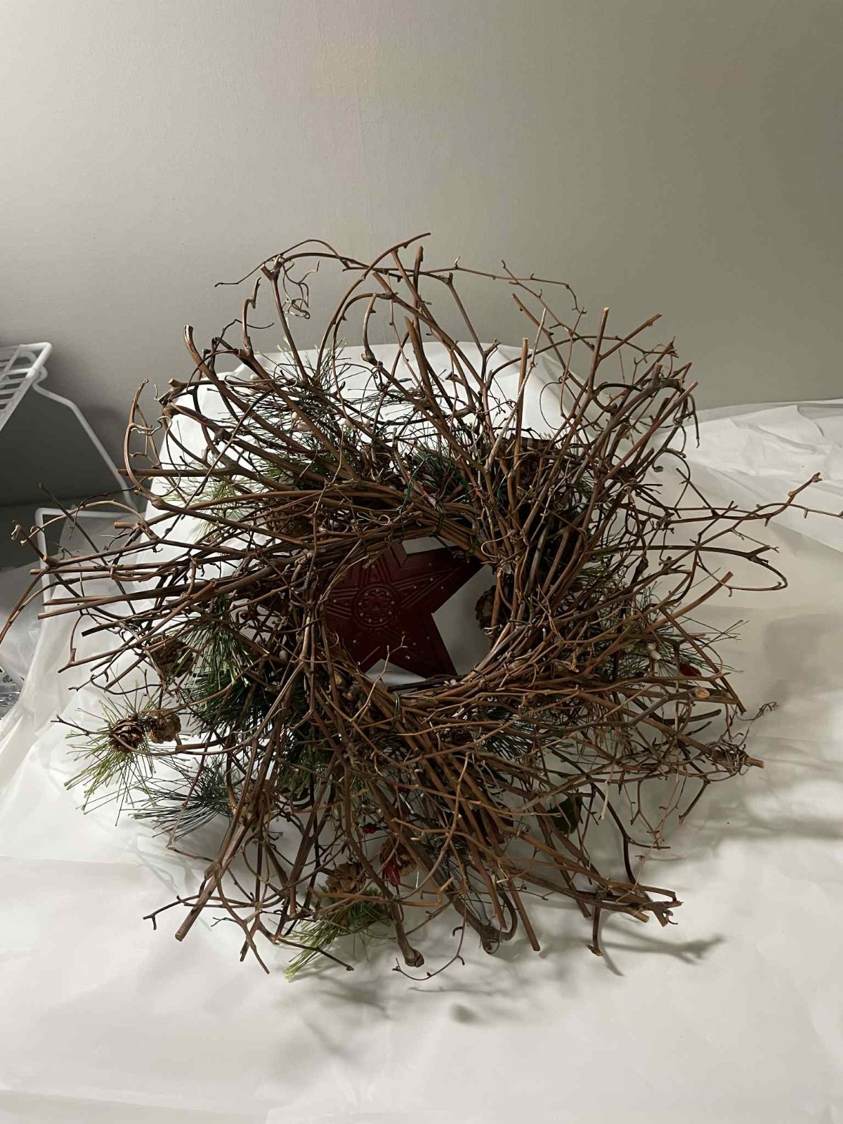 CHRISTMAS CLEARANCE!! Primitive Rustic Wreath W/ Maroon Ribbon And Metal Star