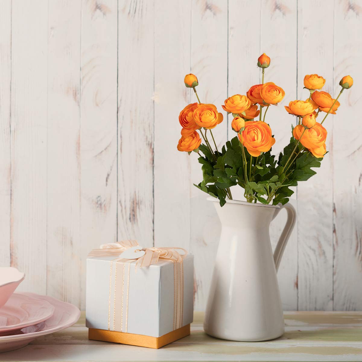 5 Stems Artificial Silk Ranunculus Flowers Orange 23″ Tall,UV Resistant,Benda…