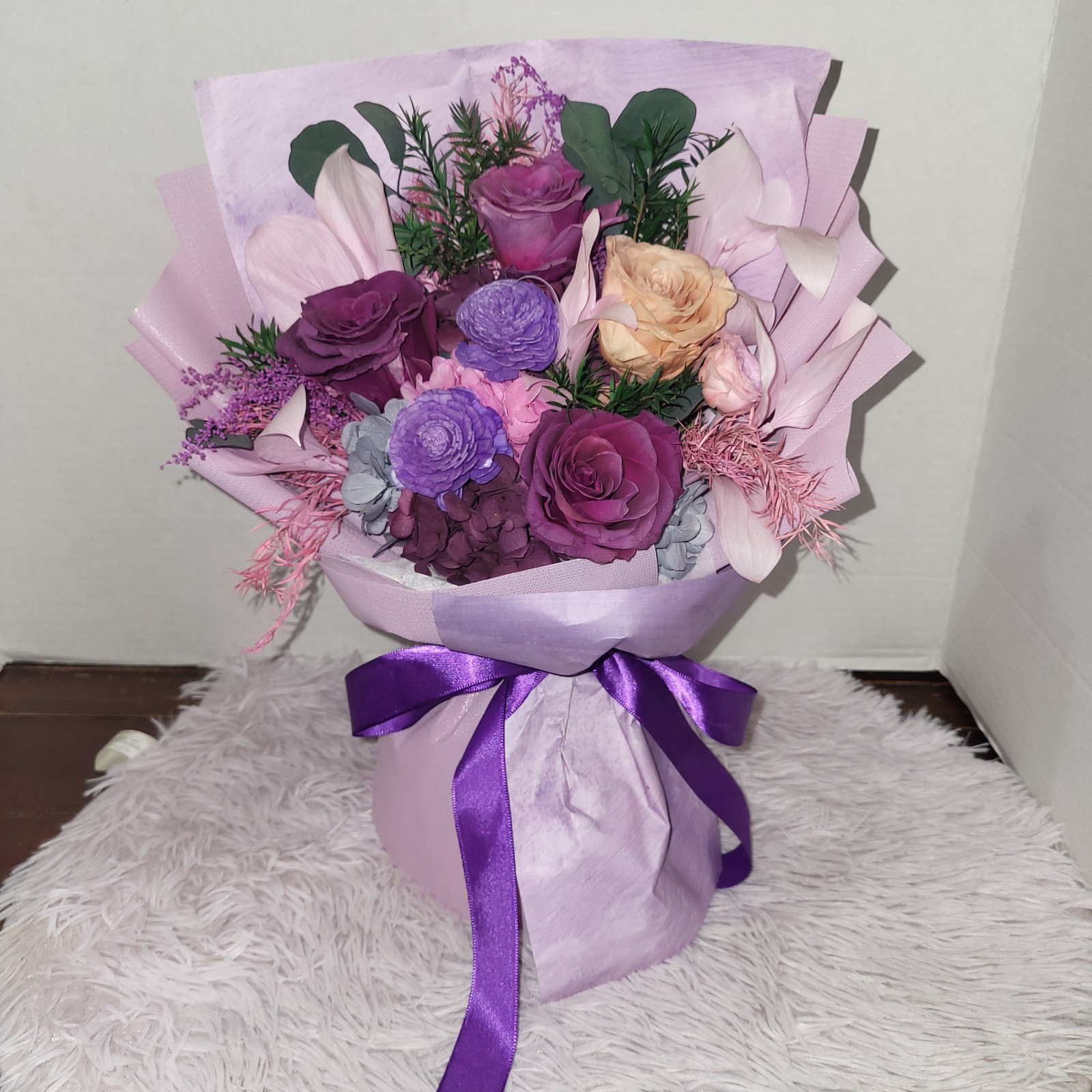 Purple Roses Bouquet Great Birthday Gift Beautiful Preserved Flowers